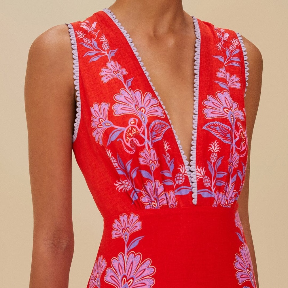 Farm Rio Red Porcelain Garden Euroflax™ Premium Linen Midi Dress - Picture 2 of 10
